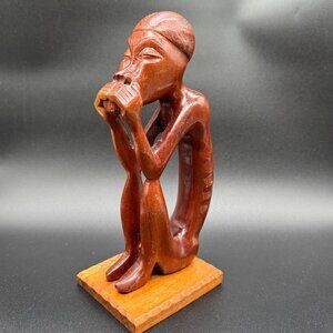Wood African Inspired Sculpture Statue Man Sitting Eclectic Decor